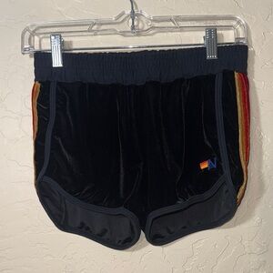 Aviator nation black velour track shorts with side stripes and pockets
